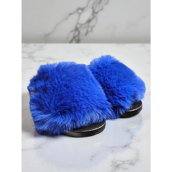 H2K Women's Size 7 Blue Fluffy Slide Slippers Soft Faux Fur Comfort - Picture 4 of 7